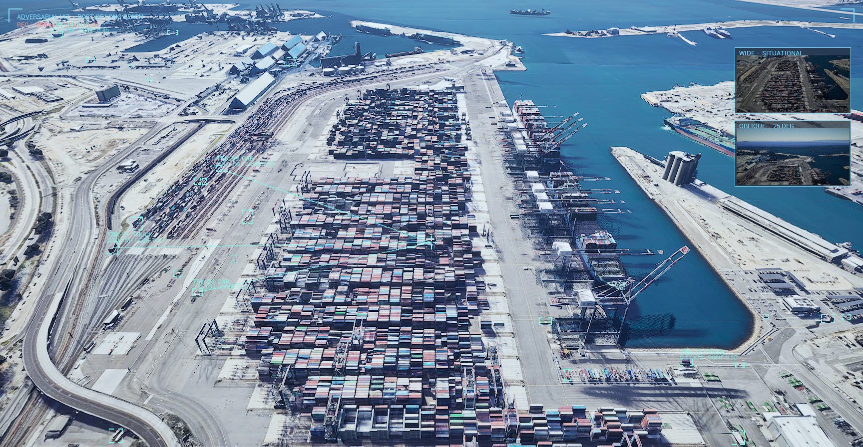 Aerial view of the Port of Long Beach with live detection overlays from the Mirage world sim
