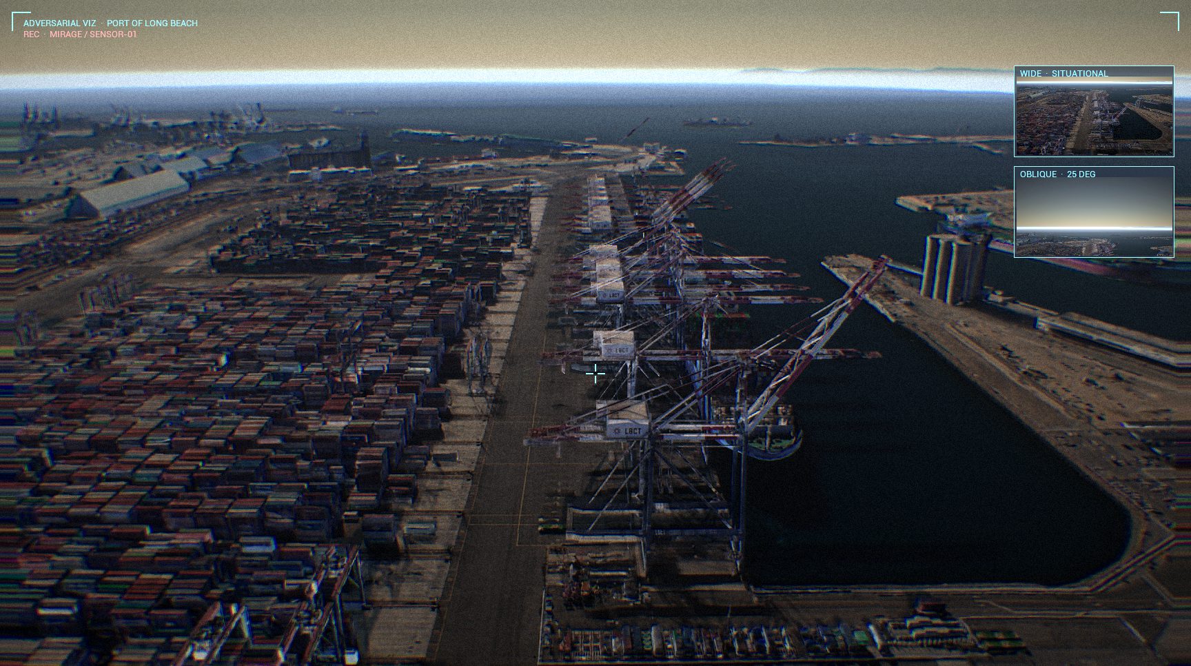 Aerial view of the Port of Long Beach at golden hour rendered in the Mirage world sim