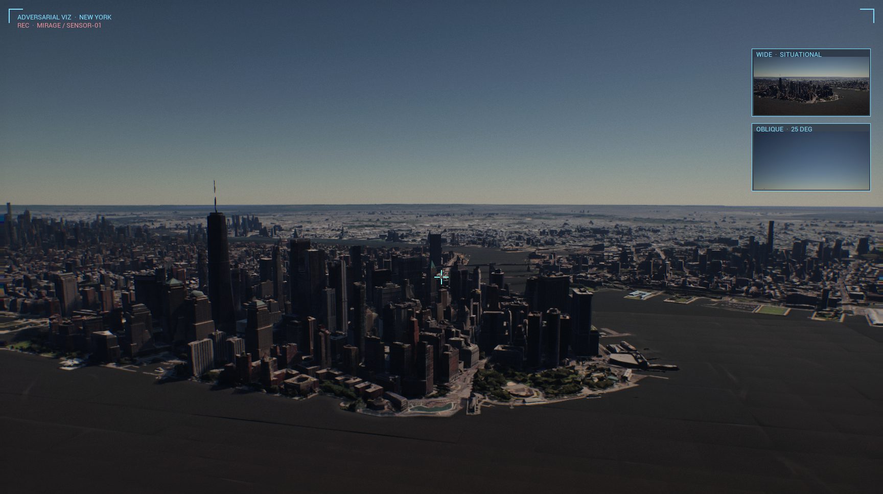 Aerial view of Manhattan rendered in the Mirage world sim