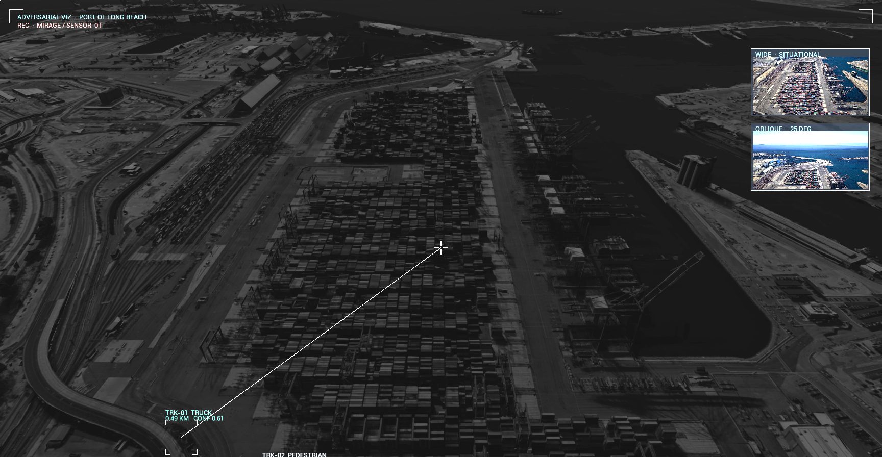 Simulated white-hot thermal sensor view of a container terminal at night with a live track
